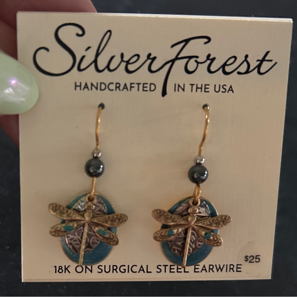 Silver Forest Teal And Gold Dragonfly Drop Earrings 20$